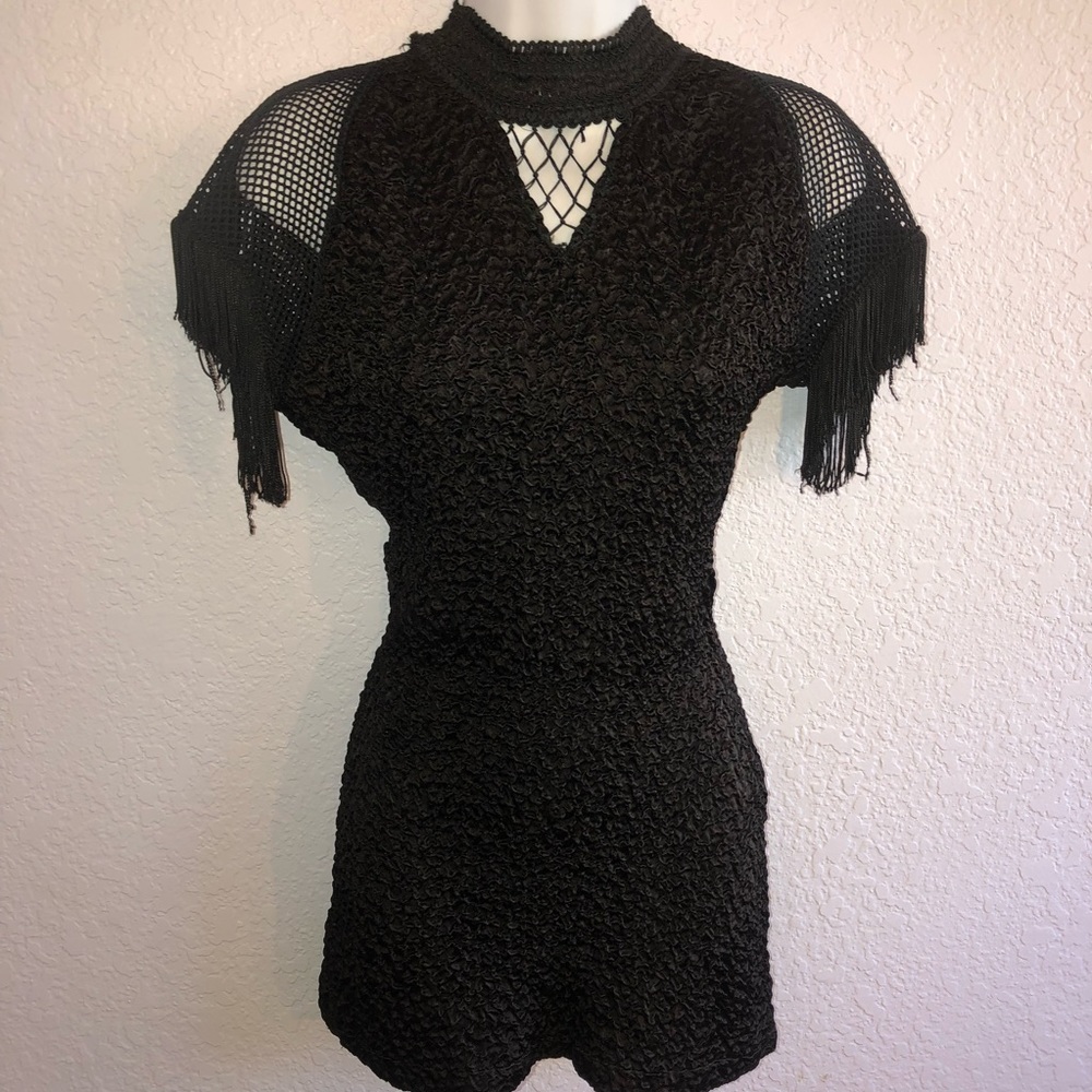 Vintage late 80s 90s black micro mini dress embellished neck netting fringe xs